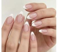 MouyouGlow 30 unidades de uñas cortas, color blanco almendra francesa Elegance Sheer Nude Base Design Short Salonqualität Fake Nails, White Tips Natural Colour INS Shiny Gel Artificial