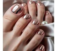 MouyouGlow Falso uñas postizas pies cortos, Squared Oro Gold Einfarbige Chrome Mirror Glazed Design Estate INS Fake Feet Toe Nails Full Cover Foot Press on Nails,Artificial Toenails