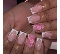 MouyouGlow Glow Press on Nails Corto, Square Rosa Blanco French 3D Flores Floral Verano Fake Nails con pegamento para uñas, White Tips Pink Flowers Sweet INS Uñas Artificiales