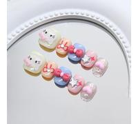 MouyouGlow para niños hechos a mano Prensa en uñas cortas MouyouGlow,Children Cute Kawaii Anime 3D Bow Kitty Corazón Estrellas Y2K Fake Nails con adhesivo para uñas, acrílico Artificial FChildren's