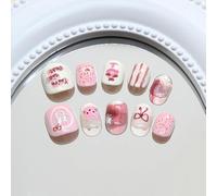 MouyouGlow para niños hechos a mano Prensa en uñas cortas MouyouGlow,Children French Cute Kawaii Anime Bunny Pastelería Lazo de Uñas Falso Nails con Adhesivo de Uñas, Niños Acrílico Artificial