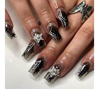 MouyouGlow Press on Nails - Bailarina de longitud media, color negro, aerógrafo, plata 3D, diamantes, estrellas, brillantes, uñas postizas Y2K con pegamento para uñas, uñas artificiales de cristal