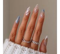 MouyouGlow Press on Nails Cortas, Almond Blanco Azul Brillo French Copo de Nieve Rayas Navidad XMAS Fake Nails con Pegamento para Uñas, White Tips Snow Winter Shimmer Uñas Artificiales