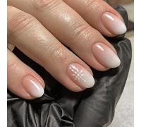 MouyouGlow Press on Nails Cortas, Almond Rosa Gradient White Glitter Snowflake Christmas XMAS Fake Nails con pegamento para uñas, Rosa Ombre White Snow Winter Sparkly Artificial Uñas