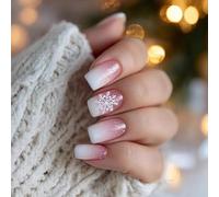 MouyouGlow Press on Nails Cortas, Square Rosa Gradient White Glitter Snowflake Christmas XMAS New Year Fake Nails con pegamento para uñas, Rosa Ombre White Snow Winter Bling Artificial Uñas
