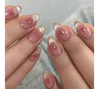 MouyouGlow Press on Nails Corto, Almond Airbrushing Blush Red Glitter Cat Eye Magnetic Fake Nails con pegamento para uñas, Pink Red Shimmer Phototherapy Uñas Artificiales para Mujeres y Niñas