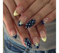 MouyouGlow Press on Nails Corto, Almond Azul Amarillo Puntos Estrellas French Diamante Diseño almendra Corto Falso Nails, Blue Stars Strass Polka Dots Retro Chic Flair Primavera y Otoño Uñas