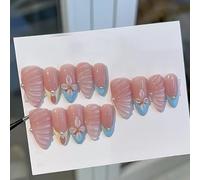 MouyouGlow Press on Nails Corto, Almond Azul French 3D Flores Floral Burbujas Patrón de Concha Diseño de Perla almendra Y2k Fake Nails con pegamento para uñas, Blue Tips Flowers Sweet INS Uñas