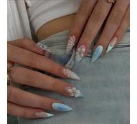 MouyouGlow Press on Nails Corto, Almond Azul French 3D Flores Floral Pearl Ocean Design almendra Short Fake Nails, Blue Tips Airbrushing Flower Sweet Summer INS Artificial Uñas Artificiales