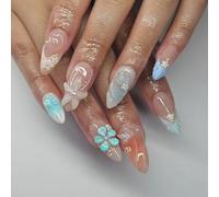 MouyouGlow Press on Nails Corto, Almond Azul French 3D Flores Floral Playa Ondas Conchas Estrellas de Mar Mariposa Uñas Falso con Pegamento para Uñas, Blue Tips Flowers Y2k Uñas Artificiales