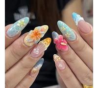 MouyouGlow Press on Nails Corto, Almond Azul French 3D Striped Floral Bubble Pearl Ocean Concha Diseño almendra Fake Nails, Blue Tips Conch Sweet Summer INS Artificial Uñas Artificiales