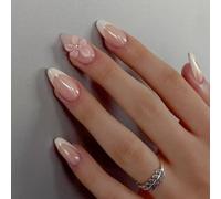 MouyouGlow Press on Nails Corto, Almond Blanco French 3D Flores Floral Diamante Glitter Diseño almendra Y2k Fake Nails con pegamento para uñas, White Tips Flowers Crystal Shimmer Verano INS Uñas