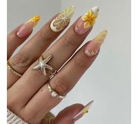 MouyouGlow Press on Nails Corto, Almond Blanco French 3D Flores Floral Estrella de Mar Shell Striped Pearl Design almendra Y2k Fake Nails con pegamento para uñas, White Tips Flowers Verano INS Uñas