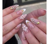 MouyouGlow Press on Nails Corto, Almond Blanco French 3D Flores Floral Oro Shell Concha Estrella de Mar Cristal Rayas Diamantes Diseño Corto Almendra Fake Nails, White Tips Artificial Uñas