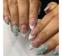 MouyouGlow Press on Nails Corto, Almond Blanco French 3D Verde Camelia Flores Floral Shell Pearl Diseño almendra Y2k Fake Nails con pegamento para uñas, White Tips Flowers Verano INS Sweet Uñas