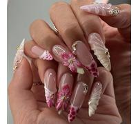 MouyouGlow Press on Nails Corto, Almond Blanco French Nude Gradient Amarillo 3D Flores Floral Ondulado Rhinestone Perla Diseño almendra Y2k Fake Nails con pegamento para uñas, White Tips Flowers INS