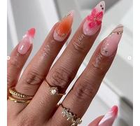 MouyouGlow Press on Nails Corto, Almond Blanco Rosa Gradient 3D Striped French Flores Floral Diamante Oro Brillo Diseño Corto Falso Nails, White Tips Flower Sweet Verano Artificial Uñas Artificiales