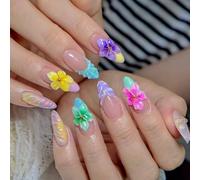 MouyouGlow Press on Nails Corto, Almond Colourful 3D Striped French Floral Design Short Almendra Fake Nails, Rainbow Tips Flower Sweet Summer INS Artificial Nail