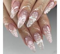 MouyouGlow Press on Nails Corto, Almond Dark Nude 3D Flores Floral Lace Lazo Pajarita Lazo Diseño Almendra Y2k Fake Nails con pegamento para uñas, Flores Naturales Verano INS Sweet Uñas Artificiales