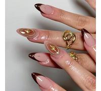 MouyouGlow Press on Nails Corto, Almond Dark Red Burgundy French 3D Oro Estrellas Blush Design almendra Y2k Fake Nails con pegamento para uñas, Dark Wine Red Star INS Sweet Uñas Artificiales