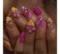 MouyouGlow Press on Nails Corto, Almond Giallo French 3D Flores Floral Shell Playa Rayas de Perlas Diseño Almendra Y2k Fake Nails con pegamento para uñas, Tips Flowers Verano INS Sweet Uñas