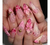 MouyouGlow Press on Nails Corto, Almond Gradient Rosa French 3D Flores Floral Pearl Concha Estrella de Mar Diseño almendra Fake Nails, Pink Tips Strass Sweet Summer INS Artificial Uñas Artificiales