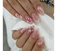 MouyouGlow Press on Nails Corto, Almond Lila 3D Striped French Floral Gold Beads Design Short Almendra Fake Nails, Violeta Tips Flower Sweet Summer INS Artificial Nail Artificial
