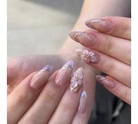 MouyouGlow Press on Nails Corto, Almond Lila French 3D Flores Floral Glitter Gold Twill Cat Eye Design Short Almendra Fake Nails, Violeta Tips Flower Sweet Summer INS Artificial Uñas Artificiales