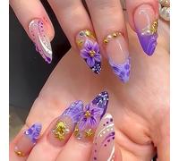 MouyouGlow Press on Nails Corto, Almond Lila French 3D Flores Floral Pearl Diamante Estrella de Mar Diseño almendra Fake Nails, Violeta Tips Flower Sweet Summer INS Artificial Uñas Artificiales