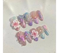 MouyouGlow Press on Nails Corto, Almond Lila French 3D Mariposa Flores Floral Estrellas Diseño almendra Fake Nails, Violeta Tips Flower Butterfly Sweet Summer INS Artificial Uñas Artificiales