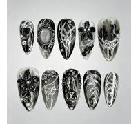 MouyouGlow Press on Nails Corto, Almond Negro 3D Flores Floral Plata Corazón Estrellas Diseño Gótico Corto Almendra Y2K Fake Nails, Black Love Silver Flower Verano INS Artificial Uñas Artificiales