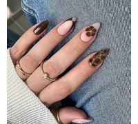 MouyouGlow Press on Nails Corto, Almond Nude Marrón Flores Floral Leopardo Aura Otoño Oro Perla Falso Nails, Flores Marrón Otoño Otoño Uñas Artificiales