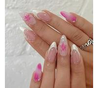 MouyouGlow Press on Nails Corto, Almond Nude Rosa Blanco French 3D Flores Diseño Floral Crystal Pearl Y2K Fake Nails, White Tips Flowers Rhinestone Verano INS Uñas Artificiales