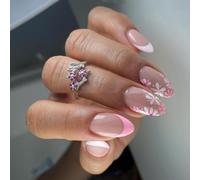 MouyouGlow Press on Nails Corto, Almond Nude Rosa French Flores Floral Fake Nails con Pegamento para Uñas, Rosa Tips Flowers Verano INS Uñas Artificiales