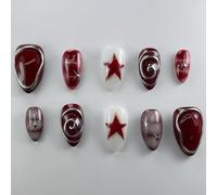 MouyouGlow Press on Nails Corto, Almond Oscuro Rojo Borgoña 3D Plata Círculo Cromo Estrellas Almendra Diseño Falso Uñas con Pegamento para Uñas, Vino Oscuro Red Silver Ondulado Verano Uñas