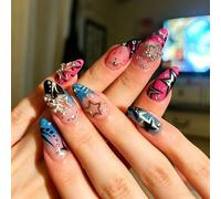 MouyouGlow Press on Nails Corto, Almond Pink French 3D Crystal Star Charms Diamond Design Short Almendra Y2K Fake Nails, Blue Tips Silver Star Otoño Invierno Artificial Uñas Artificiales