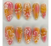MouyouGlow Press on Nails Corto, Almond Rosa Amarillo Aerógrafo 3D Hibisco Flores Flores Cromo Chains Fairy Perlas Sweet Fake Nails con pegamento para uñas, Primavera Otoño Artificial