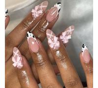 MouyouGlow Press on Nails Corto, Almond Rosa Base Vaca Leche French 3D Bow Tie Loop Summer INS Fairy Fake Nails con pegamento para uñas, puntas de vaca Milk Cow Tips Lace Sweet Uñas Artificiales