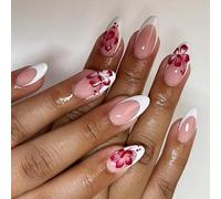 MouyouGlow Press on Nails Corto, Almond Rosa Blanco French Rojo Borgoña Flores Diseño Floral Almendra Short Fake Nails, Pink White Tips Wine Red Flower Sweet INS Uñas Artificiales