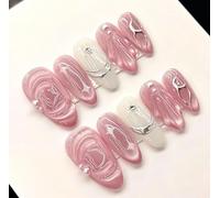 MouyouGlow Press on Nails Corto, Almond Rosa Cat Eye Silver Striped Star Strass Pearl Design Short almendra Fake Nails, Pink Silver Twill Diamante Summer INS Artificial Uñas Artificiales