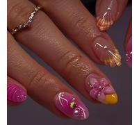 MouyouGlow Press on Nails Corto, Almond Rosa French 3D Flores Floral Gold Shell Pearl Design almendra Y2k Fake Nails con pegamento para uñas, Pink Tips Flowers Verano INS Sweet Twill Uñas Artificiales