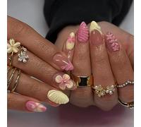MouyouGlow Press on Nails Corto, Almond Rosa French 3D Flores Floral Water Rib Design almendra Y2k Fake Nails, Amarillo Tips Flowers Verano INS Sweet Artificial Uñas