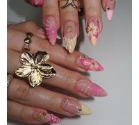 MouyouGlow Press on Nails Corto, Almond Rosa French 3D Flores Floral Water Rib Marina Diseño de almendra Fake Nails con pegamento para uñas, Pink Tips Flowers Verano INS Y2k Uñas Artificiales