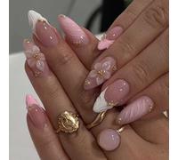 MouyouGlow Press on Nails Corto, Almond Rosa French 3D Flores Floral Water Rib Strass Pearl Design almendra Y2k Fake Nails con pegamento para uñas, Pink Tips Flowers INS Sweet uñas artificiales