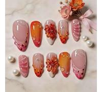 MouyouGlow Press on Nails Corto, Almond Rosa Leopard French 3D Flores Floral Bubble Striped Shell Diamante Diseño Corto almendra Y2K Fake Nails, Pink Tips Flower Artificial Uñas Artificiales