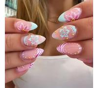 MouyouGlow Press on Nails Corto, Almond Rosa Puntos French 3D Flores Floral Oro Beads Design Short almendra Fake Nails, Pink Zebra Blue Flower Summer INS Artificial Uñas Artificiales