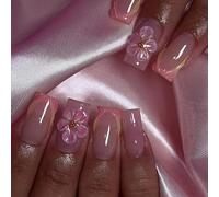 MouyouGlow Press on Nails Corto, Blush Francés 3D Striped Floral Golden Beads Design Short Fake Nails with Nail Glue, Ombre Pink Flowers Summer INS Sweet Artificial Fingernails