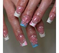MouyouGlow Press on Nails Corto, Cuadrado Blanco 3D Striped French Flores Floral Bubble Pearl Silver Beads Design Short Fake Nails, White Flower Summer INS Artificial Uñas Artificiales