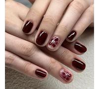 MouyouGlow Press on Nails Corto, Cuadrado Rojo Oscuro Borgoña Flores Floral Diseño Monocolor Clavos Falso Nails, Dark Wine Red Flowers Otoño Invierno INS Artificial Uñas Artificiales