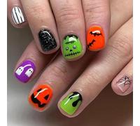 MouyouGlow Press on Nails Corto, Farol de calabaza cuadrado de Halloween, telaraña, murciélago Soul Ghost Creepy Horror Cute Cartoon Fake Nails con pegamento para uñas, uñas artificiales brillantes